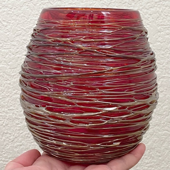 Robert Adamson Handblown Red Art Glass Thread Wrap 6” Dome Large Votive Vase - Picture 14 of 16